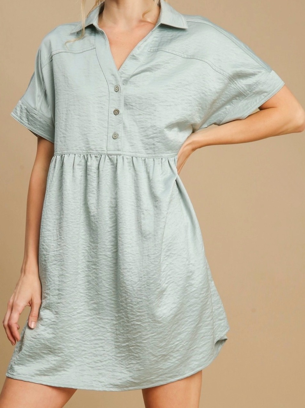 Umgee Light Blue Button-Front Satin Dress